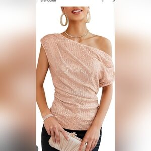 Grace Karin‎ Shimmering One-Shoulder Blouse in Light Pink